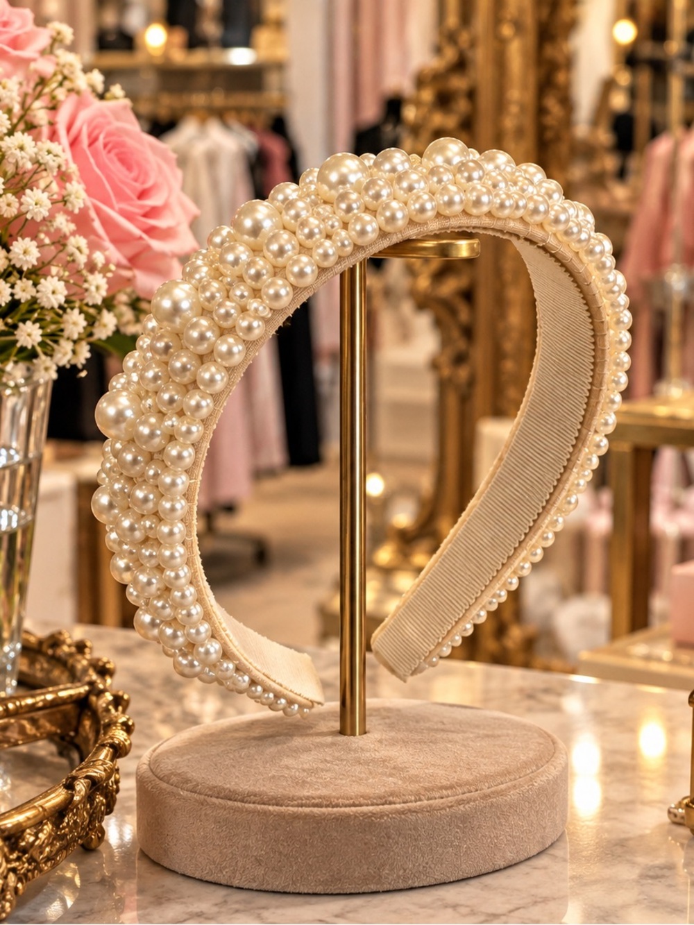 Pearl-Embellished Padded Headband in Cream NWT